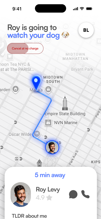 Roy is going to watch your dog — tracking on map